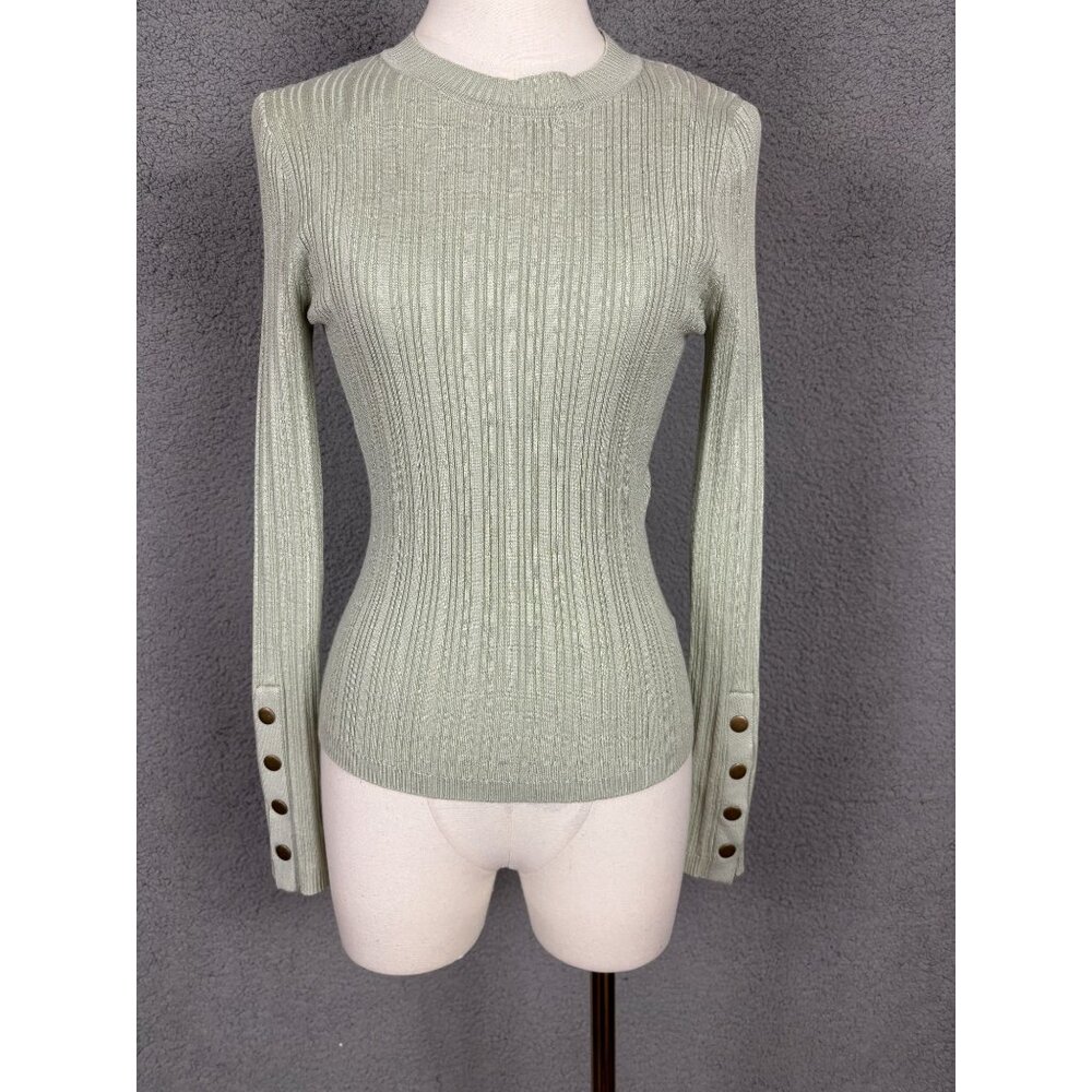 Hooked Up Ribbed Sage Green Sweater M Fine G Swtr Long Sleeve Button Cuffs Fitte